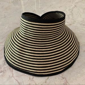 Scala Collezioni Black & Cream Striped Roll-up Visor Hat, EUC